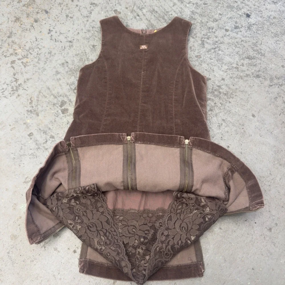 Lili Gaufrette Girls Brown Corduroy Lace Hem Zipper Jumper Dress Size 6 Years
